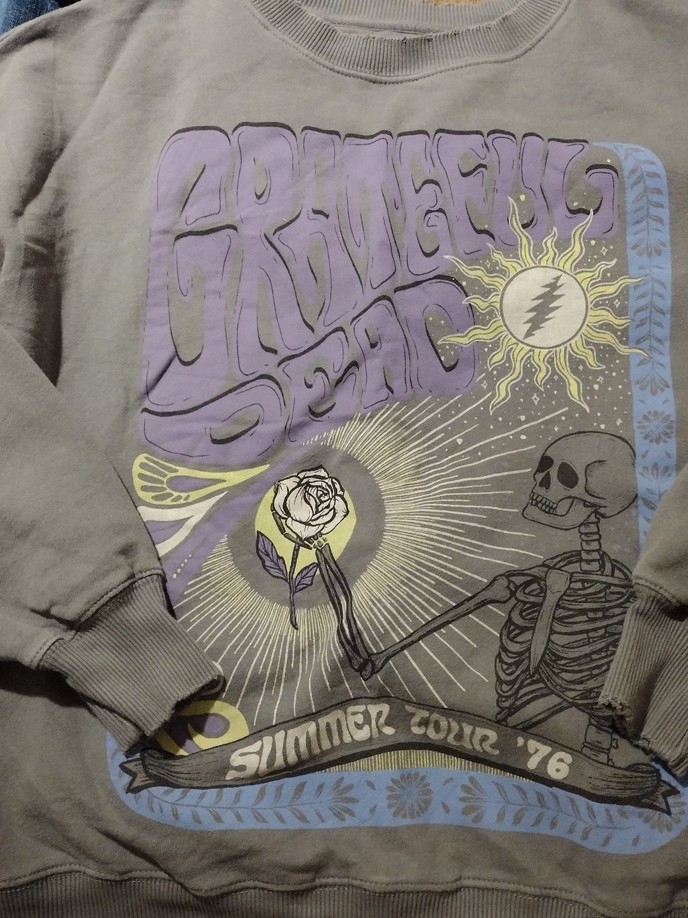 American Eagle Outfitters Gray Crewneck with Purple Graphic and Yellow Accents